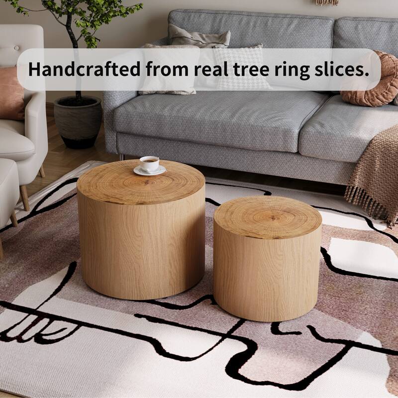 Nesting Coffee Table Set of 2, Modern Round Wooden Accent Tables, Space-Saving Circle Drum Side Tables