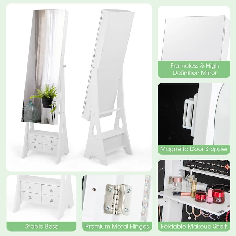 Gymax Jewelry Cabinet Armoire Full Length LED Mirror w/ 6 Drawers &