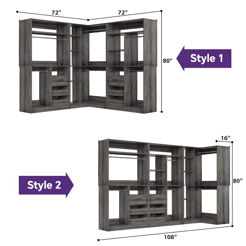 Qvella 72"-108" Closet System with Drawers and Hanging Rods,Freestanding Walk-in Closet Organizer System Wardrobe Closet Tower