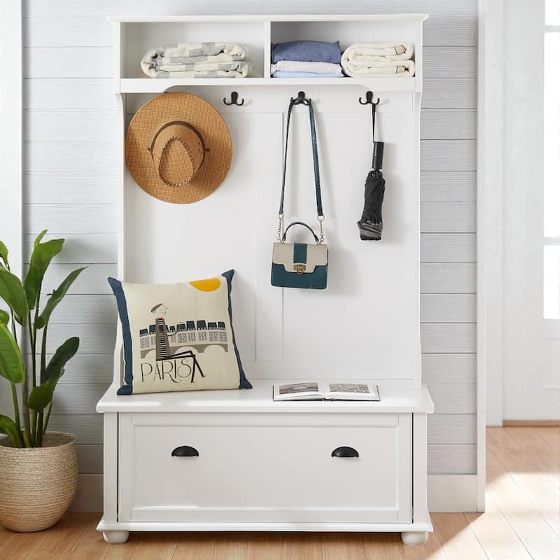 Classic Entryway Hall Tree with Bench, Shelves, Shoe Cabinet & Coat Hooks, Solid Wood Feet Coastal Design - White