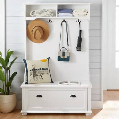 Classic Entryway Hall Tree with Bench, Shelves, Shoe Cabinet & Coat Hooks, Solid Wood Feet Coastal Design