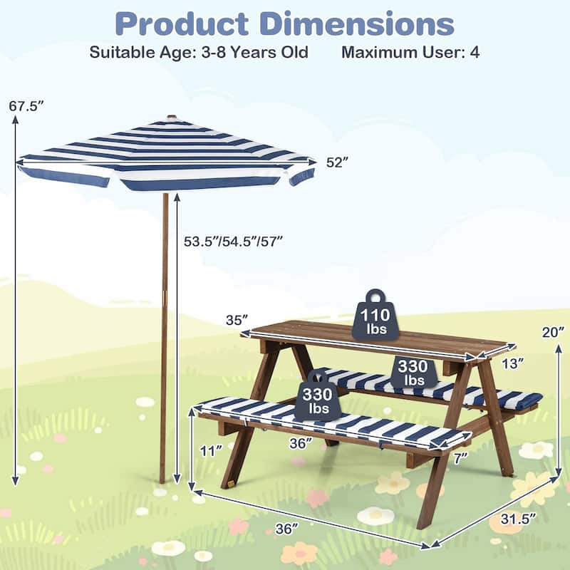 Gymax Kids Picnic Table w/Bench Seat Cushions Removable & Adjustable