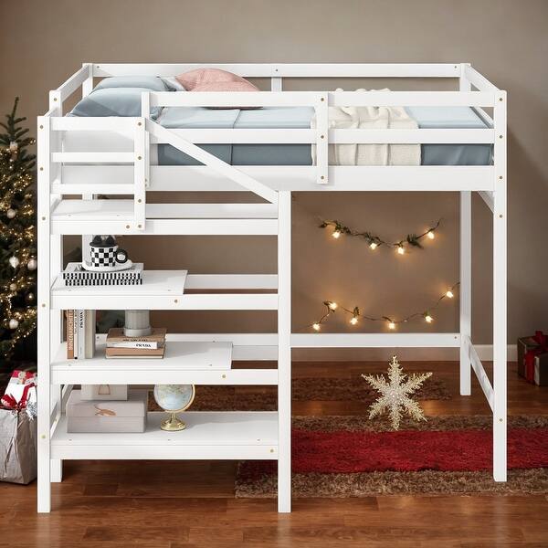Solid Pine Wood Full Size Kids Bed with Builtin Storage Staircase and Hanger Kids Furniture