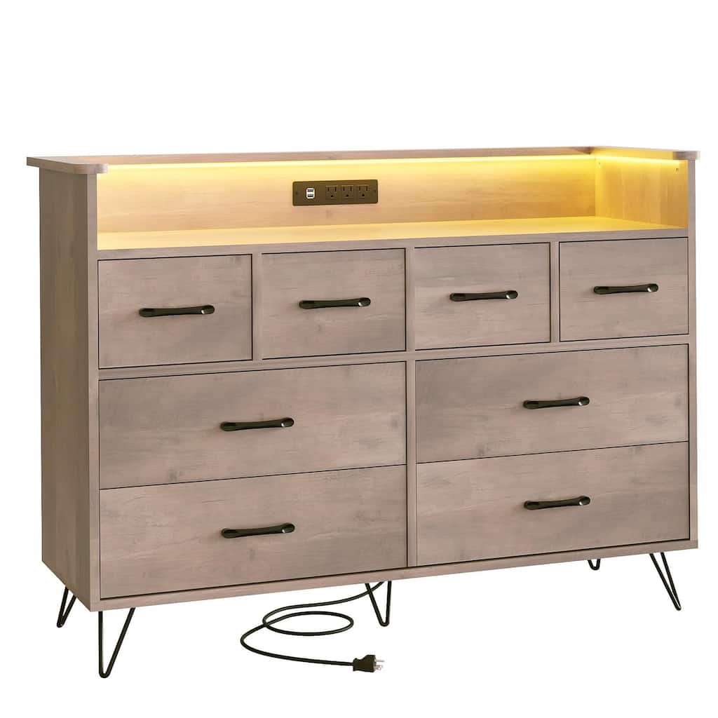 Tall Dresser for Bedroom with Charging Station & RGB Lights - 8 Drawer Wooden