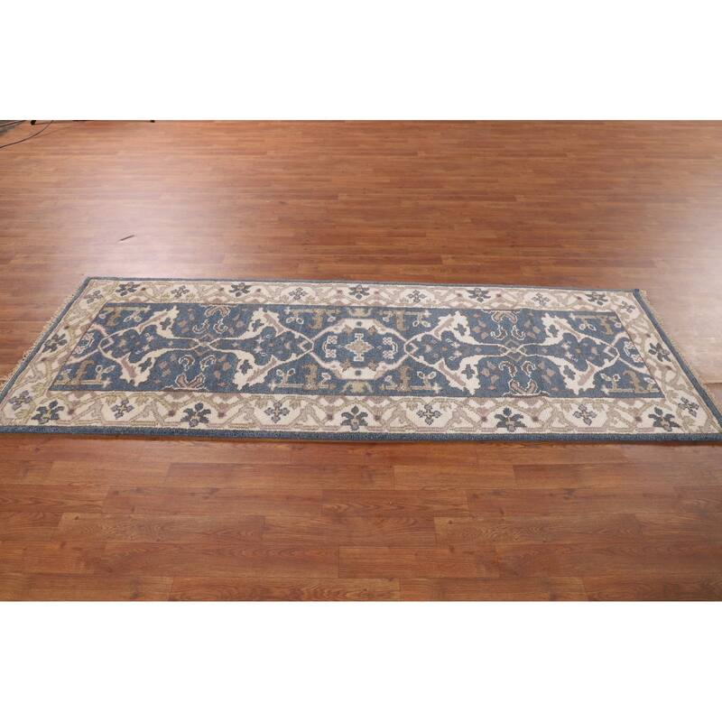 Blue & Ivory Oushak Oriental Runner Rug Handmade Wool Carpet - 2'9"x 7'9"