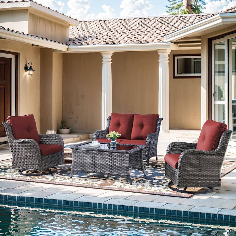 Pocassy 4 Pieces Outdoor 4 Inch Sofa Swivel Chairs Table - Red cushion - Gray Wicker