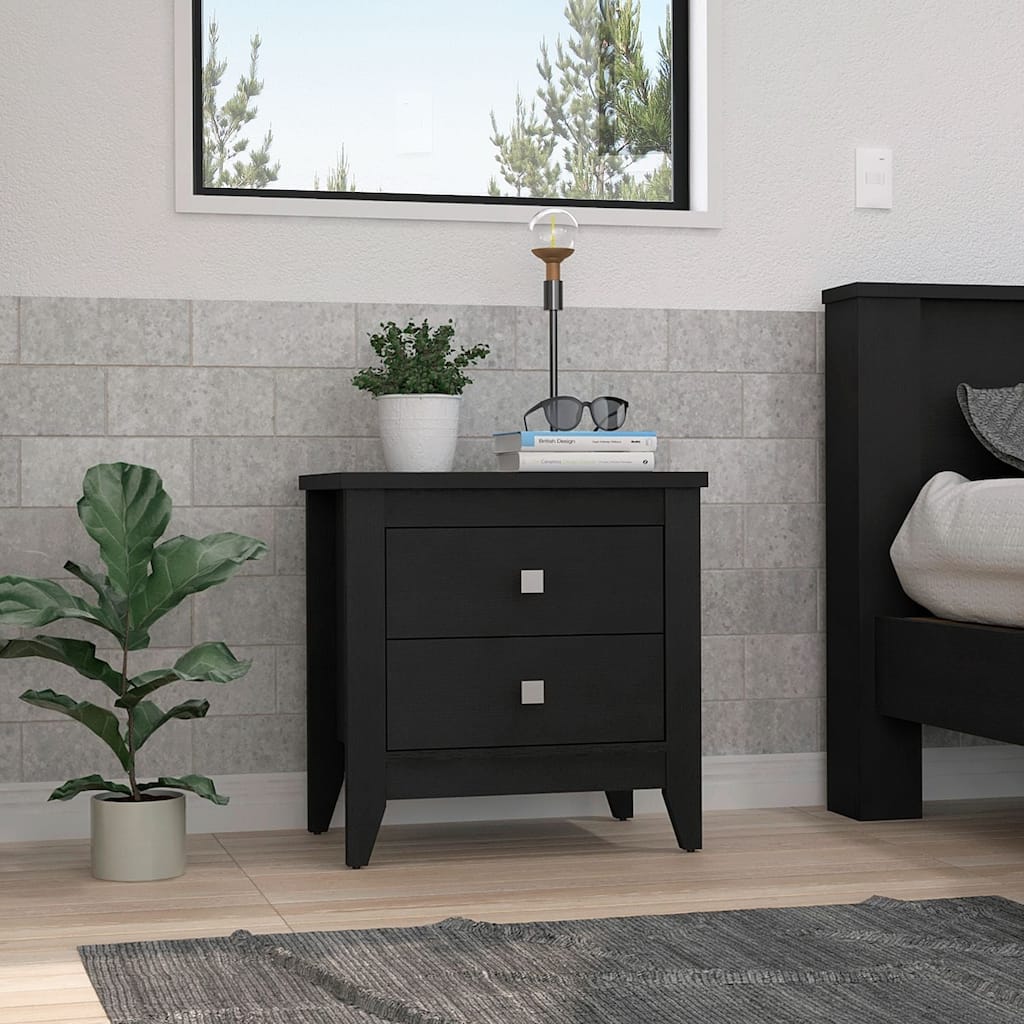Black Nightstand with Two Drawers and Durable Top