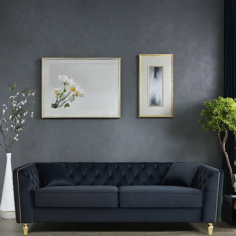 87.01" Velvet Corduroy Modern Classic 3-Seater Sofa with Solid Pine Wood Frame, Includes 2 Throw Pillows - Black