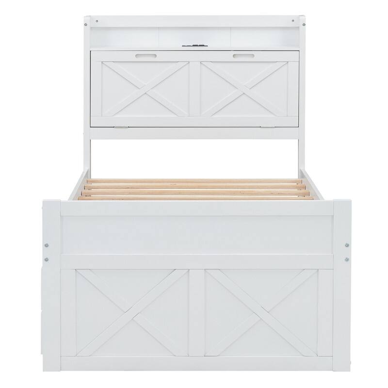 Wooden Bed with Storage Headboard with Outlets, Extendable Bed with Twin Size Trundle with Three Storage Drawers