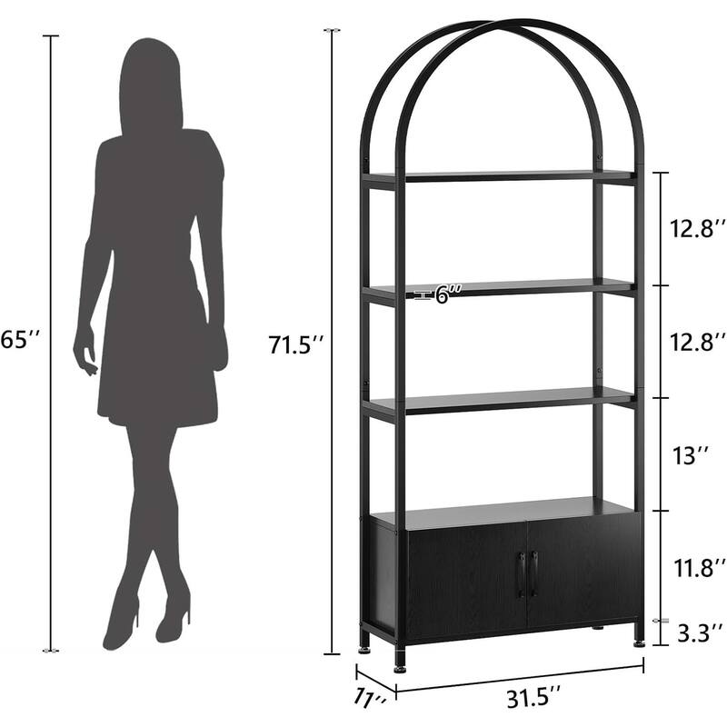 5 Levels Bookcase, Arched Shelf with Doors - 11D*31.5W*71.5H