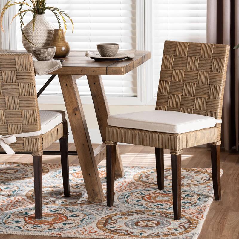 Fatima Natural Rattan Dining Chair with Cushion - Handwoven Wicker Side Chair with Basketweave Back and Seat, Coastal Seating