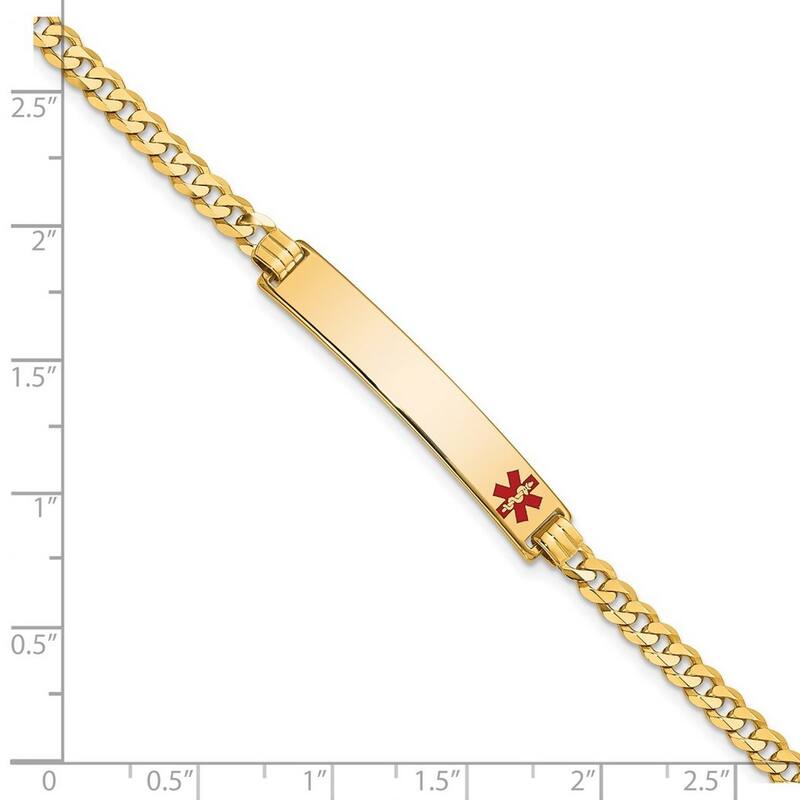 Curata 14k Yellow Gold 6.5mm Engravable Medical Red Enamel Flat Curb Link ID Bracelet