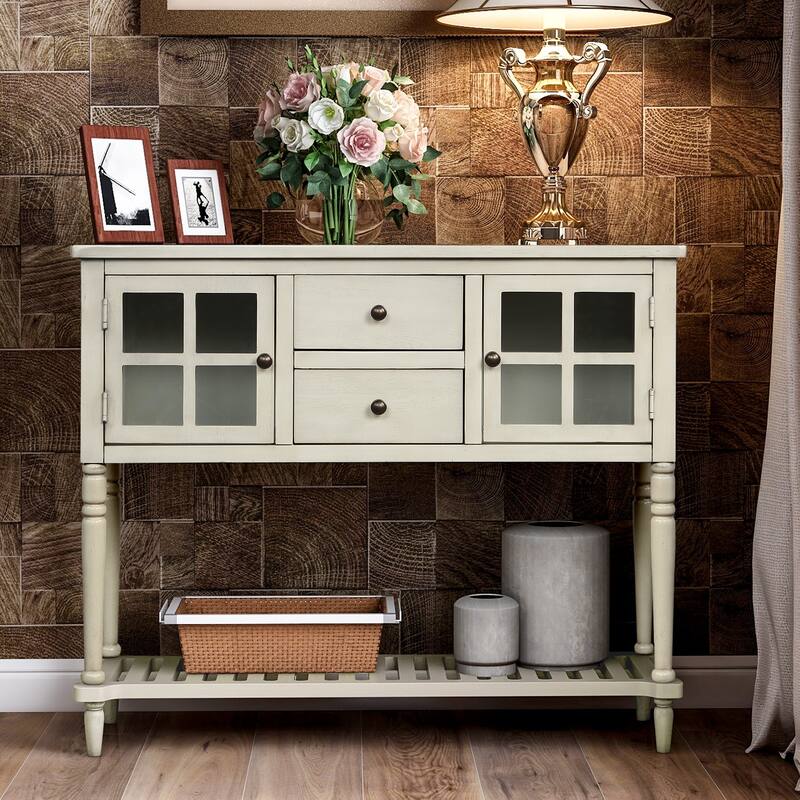 Distressed Wood Buffet Cabinet with Roman Legs and Brass Knobs for Entryway and Kitchen Storage - Antique Gray