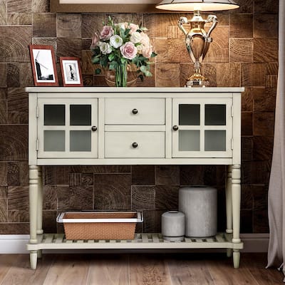 Distressed Wood Buffet Cabinet with Roman Legs and Brass Knobs for Entryway and Kitchen Storage