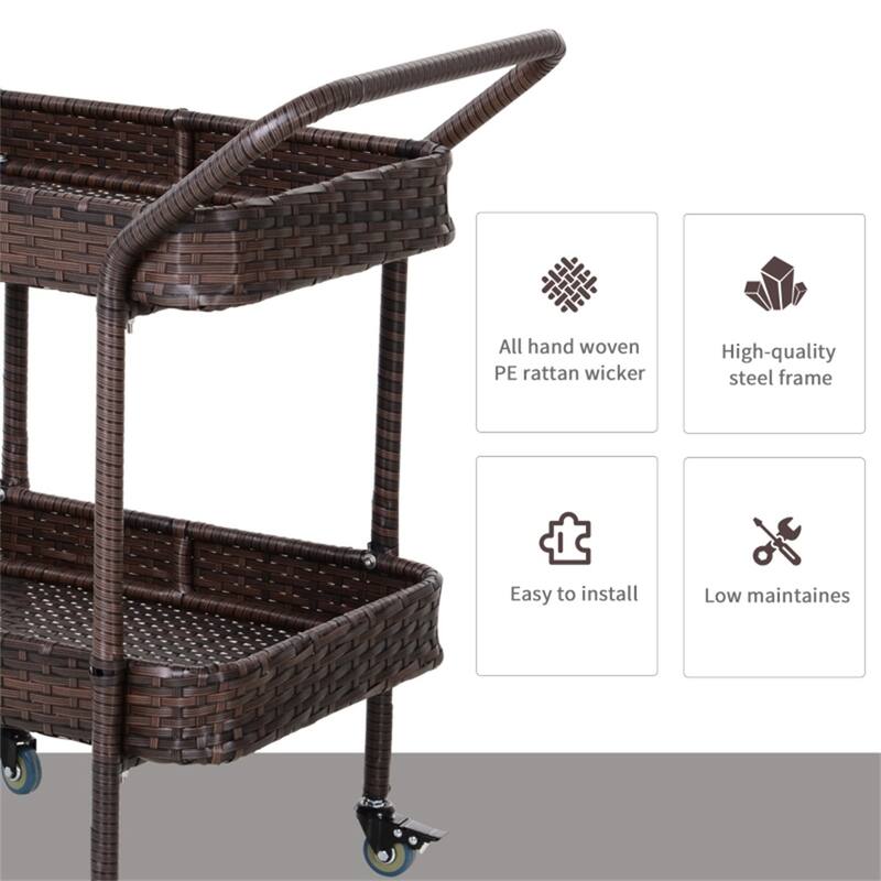 Compact Outdoor Rattan Serving Cart with 2 Tray Shelves Rolling Beverage & Snack Trolley - 32.25" L x 17.75" W x 32.25" H