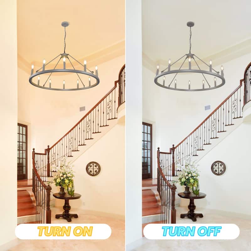 Black Wagon Wheel Chandelier 38 inch, 12-Light Black Round Industrial Farmhouse Chandeliers