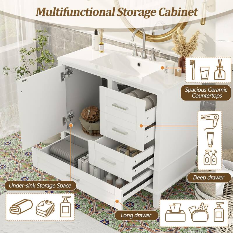 Elegant 36-Inch Bathroom Vanity with Undermount Ceramic Sink, Soft Close Storage Drawers, Silver Handles - Contemporary Look
