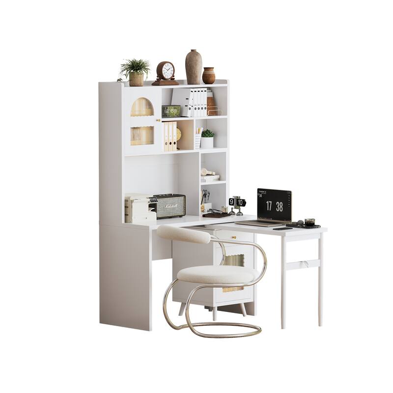 Computer Desk with 90 Rotating Side Table, Storage Drawer, Cabinets and Open Shelves for Home Office Study
