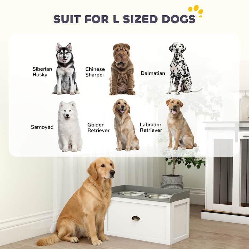 PawHut Dog Feeding Station with Storage Drawer, Removable Elevated Dog Bowls for Large Sized Dogs, White and Black