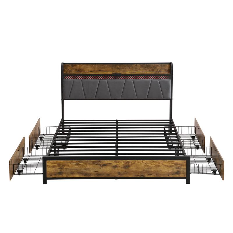 Full Size Metal Storage Bed Frame w/ Storage Headboard & Charging Station and 4 Storage Drawers, LED Lights, Brown