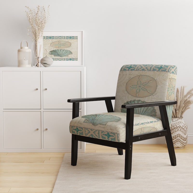 Designart "Seastar And Blue Sea Shell II" Upholstered Nautical & Coastal Accent Chair - Arm Chair - Arm Chair - Black Wood