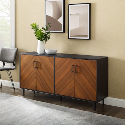 Modern Coffee Bar Cabinet with Bookmatch Doors, Shelves, and Metal Legs for Stylish Living Room Storage