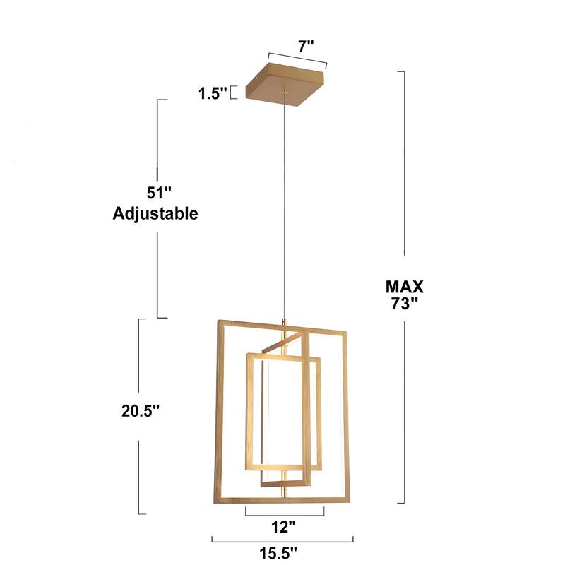 Modern 1-Light Gold Integrated LED Chandelier Square Geometric Pendant Lights for Dining Room