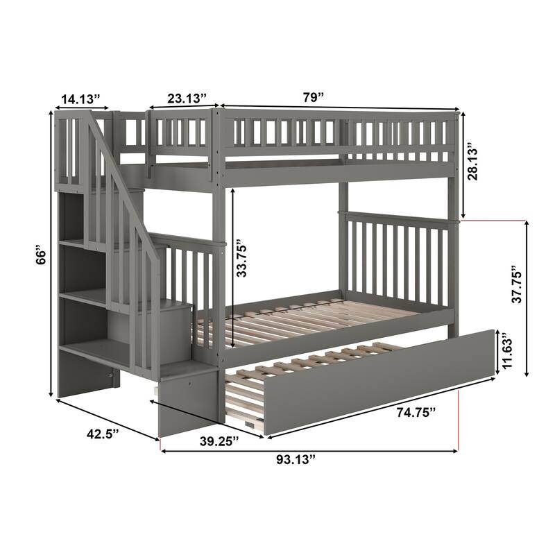 Woodland Staircase Bunk Bed with Twin Trundle in Grey