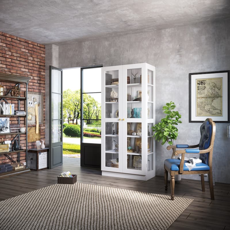 Bookcase Display Cupboard Curio Cabinet 2 Glass Door White Lacquer - 70.9"Hx31.5"W