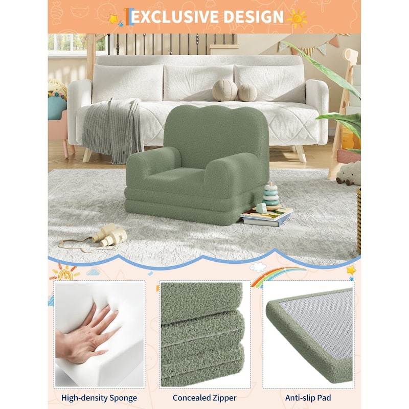 Kids Couch, 2-in-1 Convertible Teddy Fleece Fabric Toddler Sofa Chair