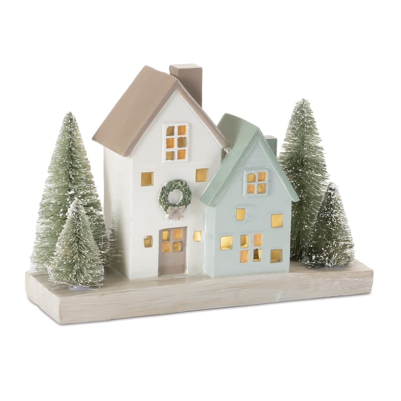 LED Lighted Resin Winter Village Houses with Bottle Brush Trees Ideal for Tabletop Holiday Decor - Green-Grey-White-8"