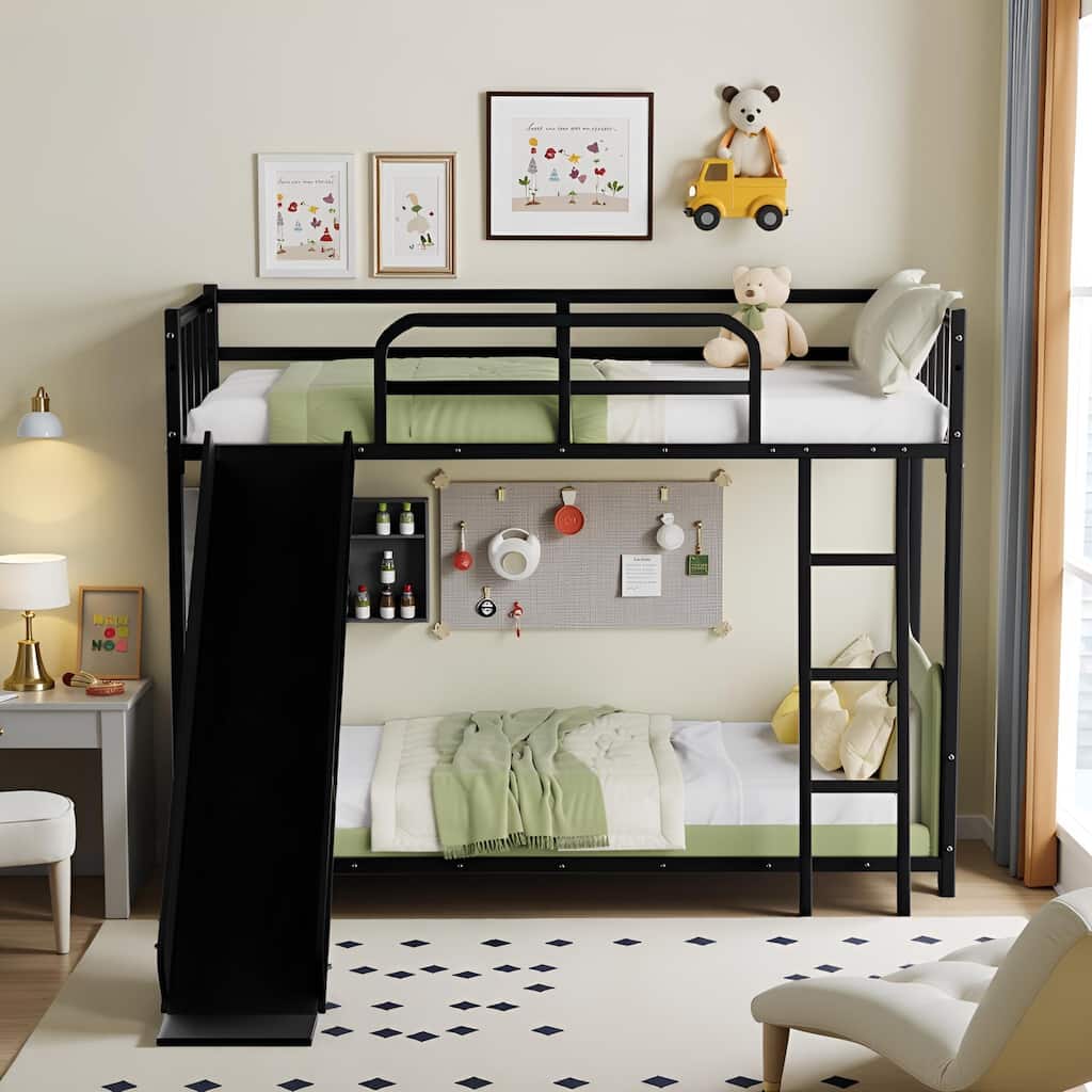 Bunk Bed with Ladder and Slide, metal Bed Frame with Safety Guard Rails, Black