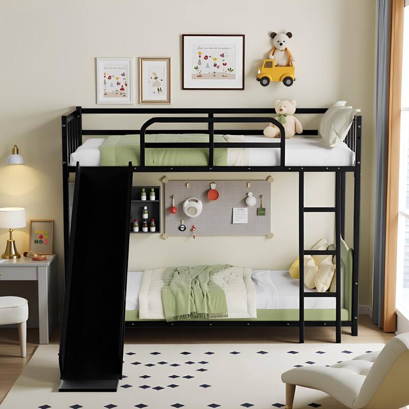 Twin Size Metal Bunk Bed with Slide and Ladder, Heavy Duty Metal Bunk Bed Frame with Safety Guardrail, No Box Spring Needed
