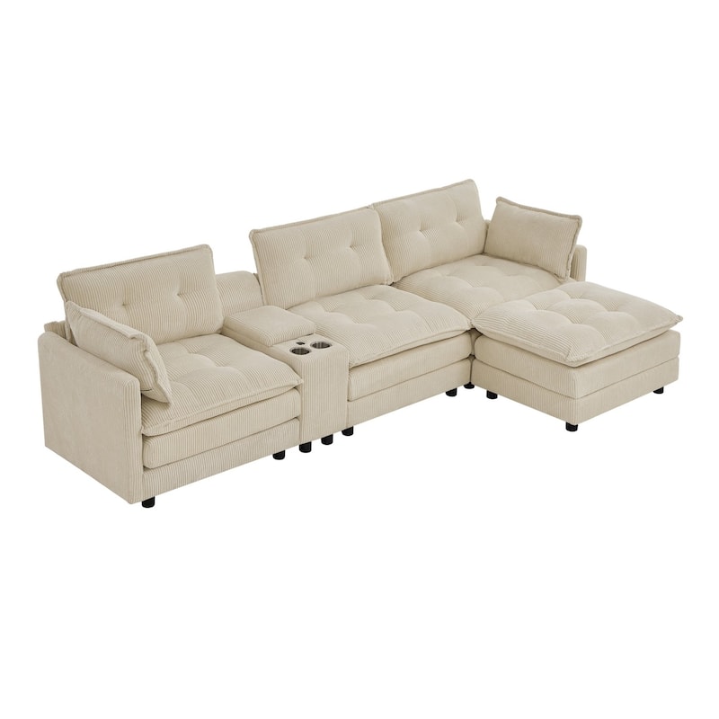 119.2" L-Shaped Corduroy Sectional Sofa with Console and Ottoman