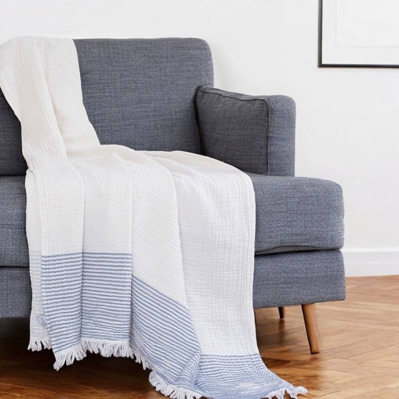 HomeRoots 47" X 60" Blue and Ivory Cotton Woven Striped Throw Blanket with Fringe - Throw - Blue