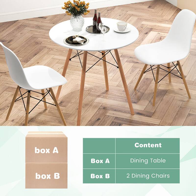 Gymax 3 Pieces Dining Table Set Modern Round Table & 2 Chairs w/ Wood