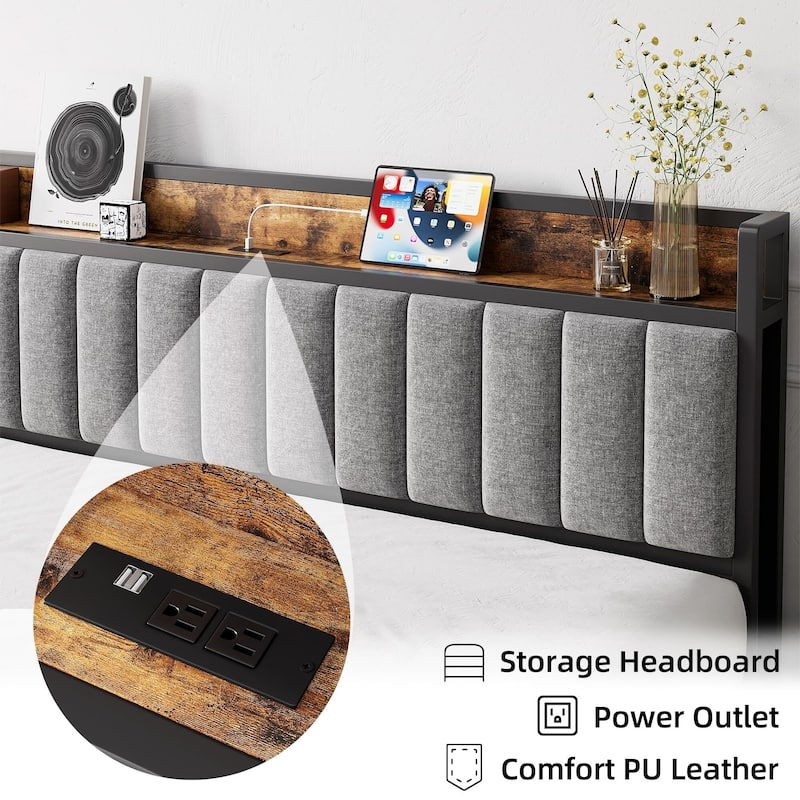 Upholstered Bed Frame with Charging Station
