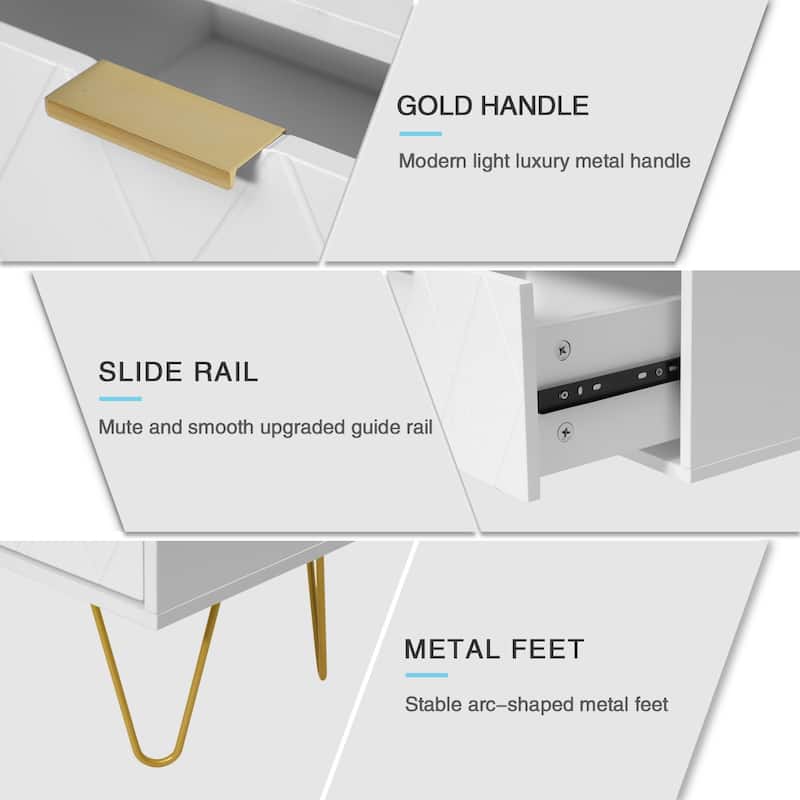 Modern Set of 2 Nightstands with Metal Legs 2-Drawer Bedside Table