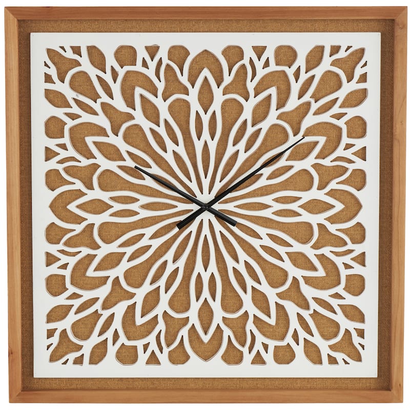Wood Floral Decorative Wall Clock with White Cutout Board - Brown - Roche River Decor - Brown