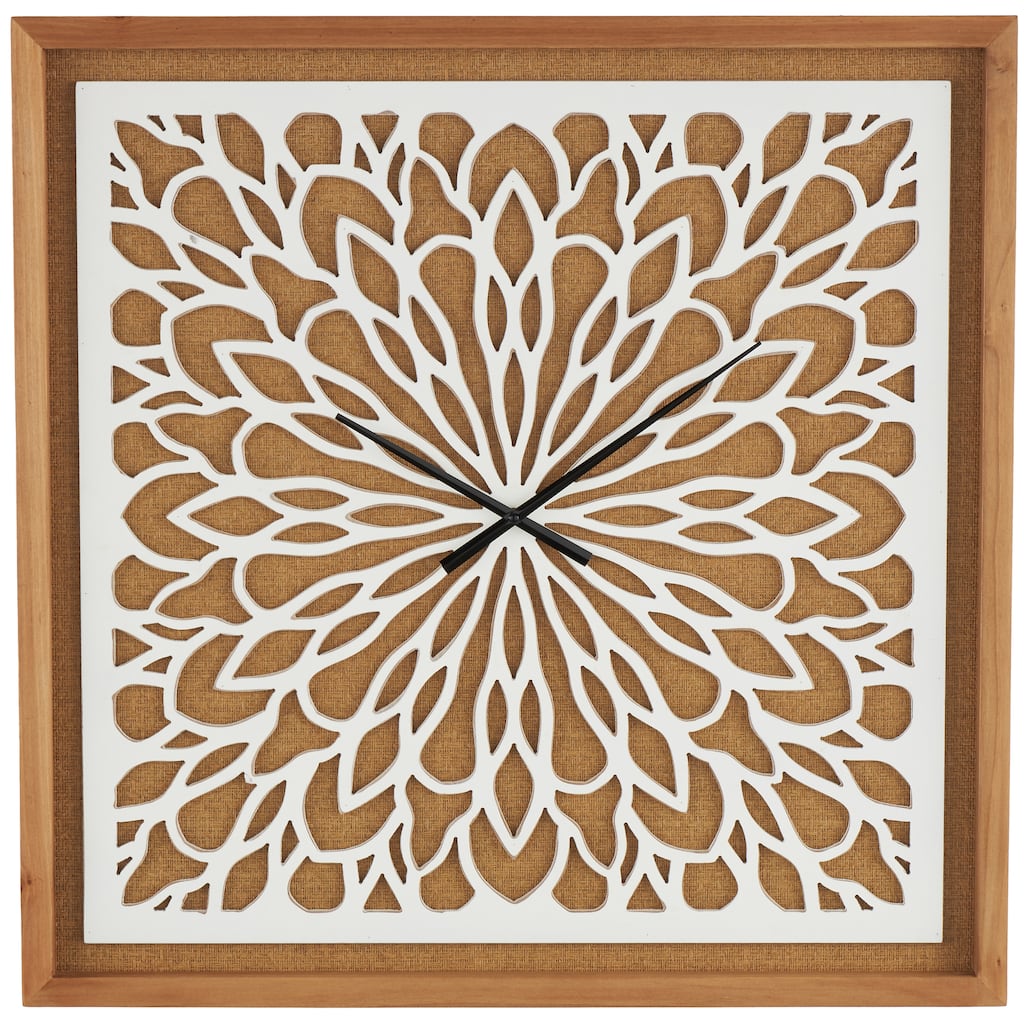 Wood Floral Decorative Wall Clock with White Cutout Board - Brown - Roche River Decor