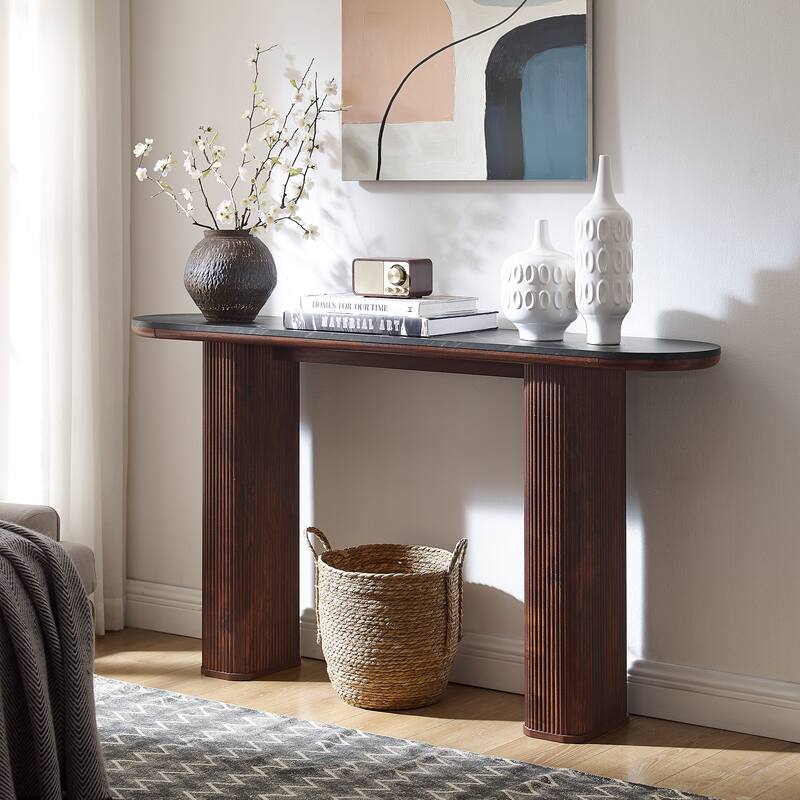 63" Modern Console Table, Entryway Table, Sofa Table with Fluted Bases - Walnut
