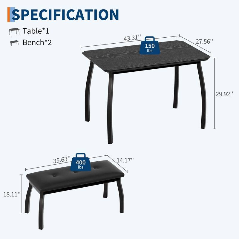 Dining Table Set for 4, with 2 Upholstered Benches