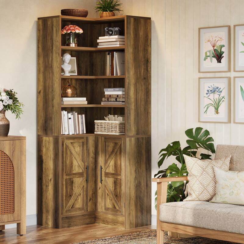 Industrial L-Shaped Corner Bookcase Bookshelf with Barn Doors