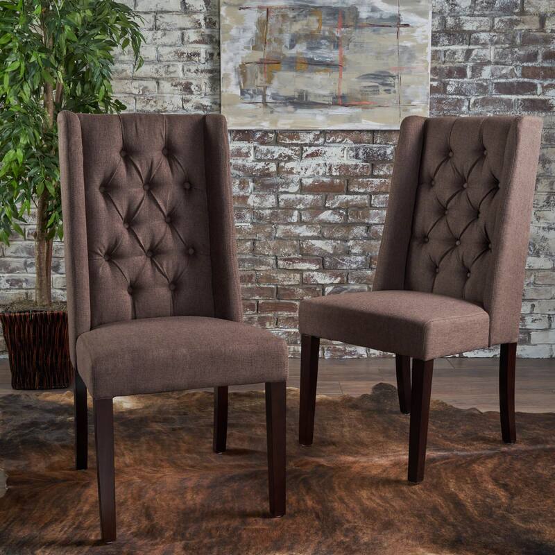 Wingback Upholstered Dining Chairs Set of 2, Fabric Side Dining Room Chairs with Tufted Button, Home Kitchen Wood Chairs - Dark Brown
