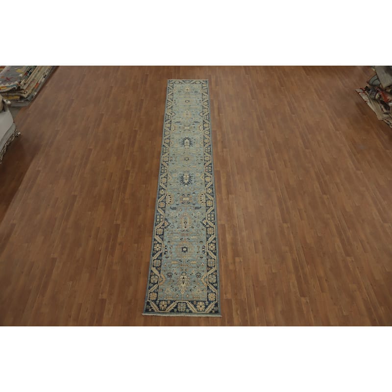 Hand Knotted Oriental 100% Wool Carpet Traditional All-Over Navy Blue & Blues Ziegler Runner Rug - 16' 1'' X 2' 8''