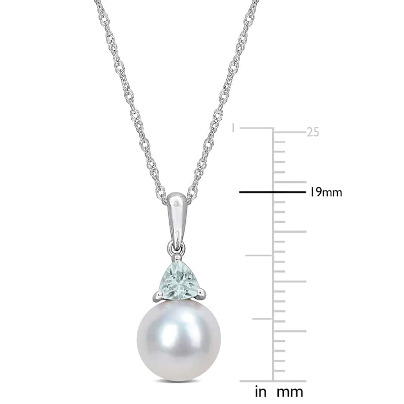 Miadora 8-8.5mm Cultured Freshwater Pearl and 1/5ct TGW Aquamarine Pendant with Chain in 10k White Gold - 19 mm x 8.5 mm