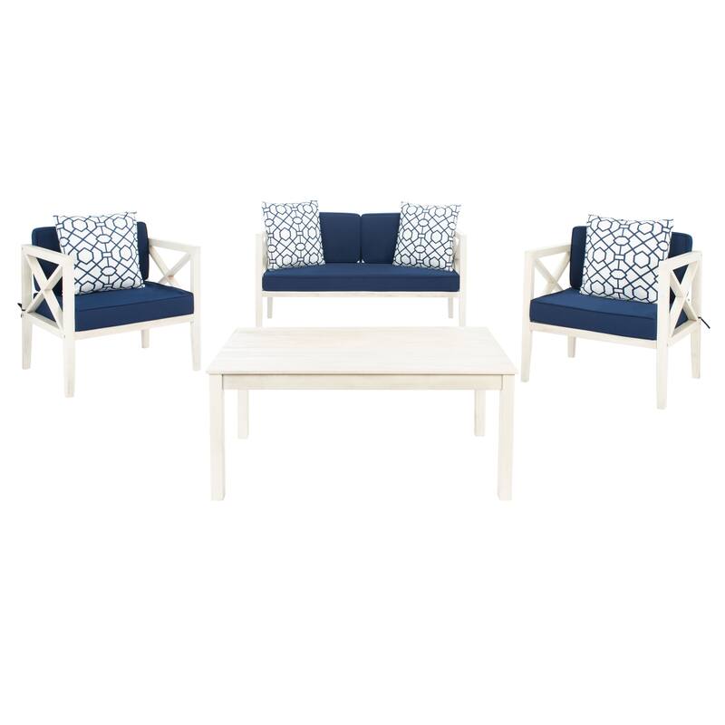 SAFAVIEH Outdoor Dafne 4-Piece Conversation Patio Set with Accent Pillow - 50W x 26D x 25H - White/Navy