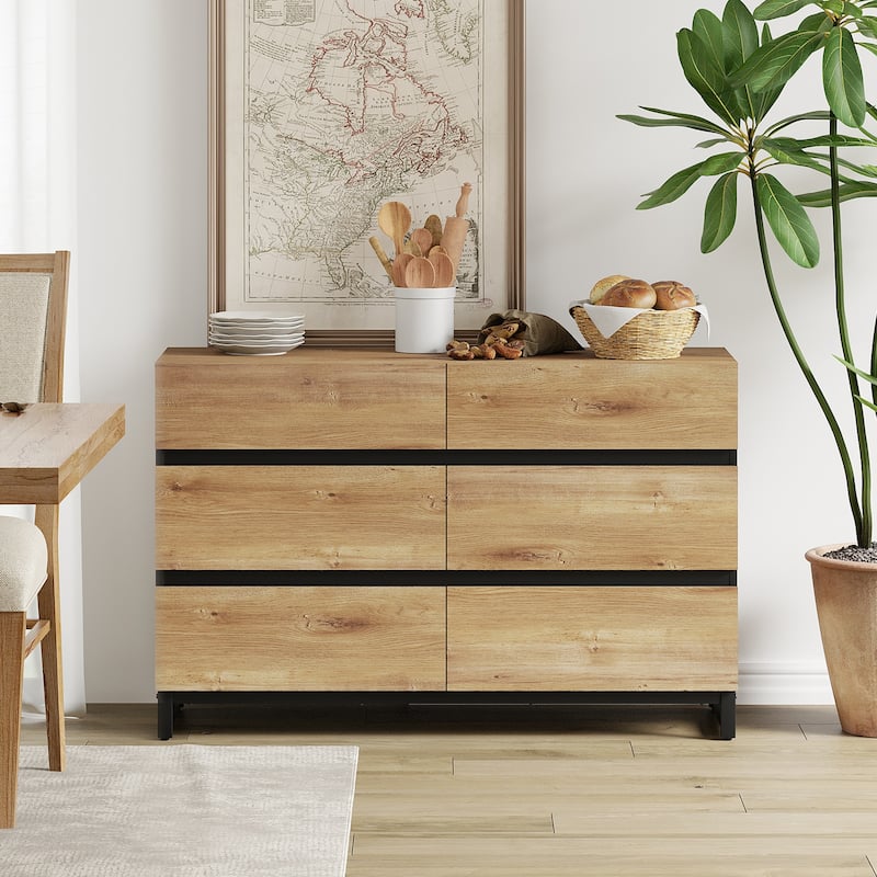 WAMPAT Modern Buffet Sideboards, Sideboard Buffet Cabinet with 6 Drawers , Coffee Bar Storage Cabinet for Kitchen - 1 PCS - Oak