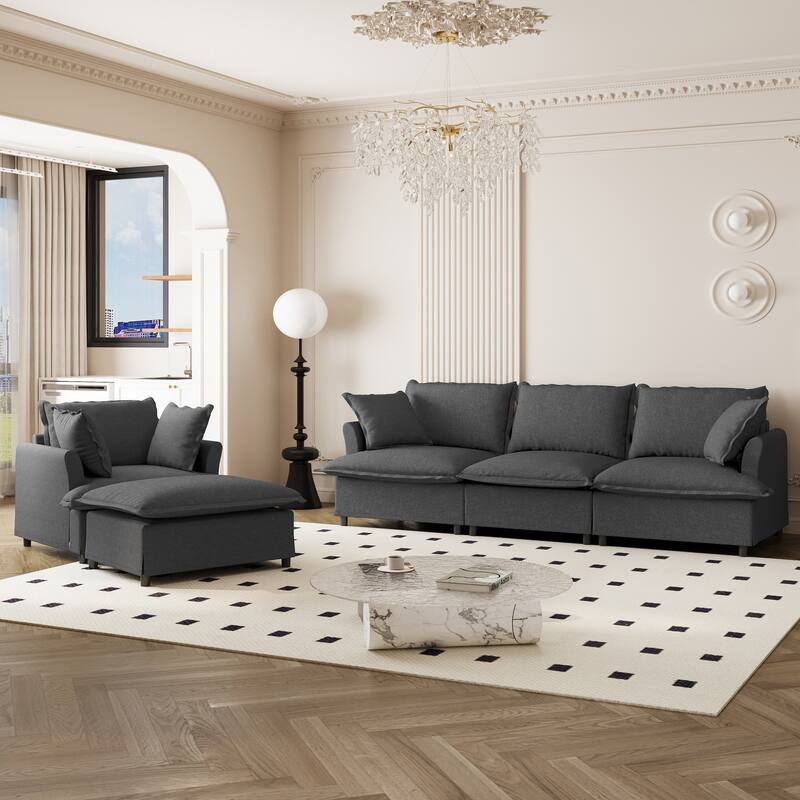 3-Piece Chenille Modular 5-Seat Sectional Set with Ottoman & Spring Cushions