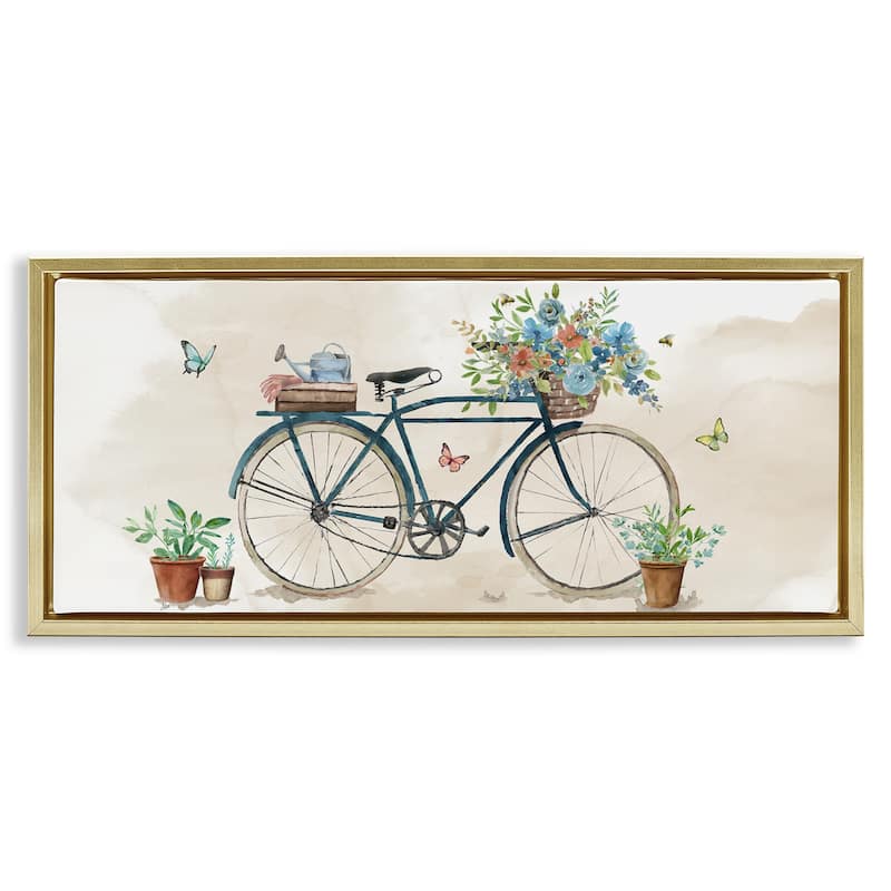 Stupell Garden Bicycle & Florals Framed Floater Canvas Wall Art Design By Nan - 25 x 11 - Gold